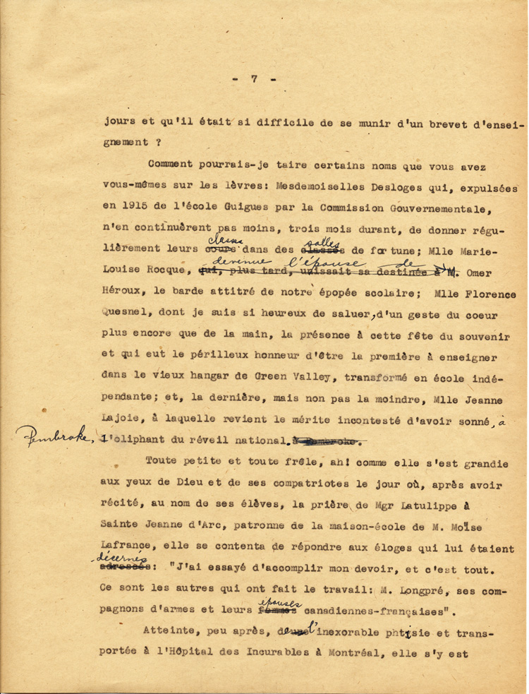 Reproduction de la septi&egrave;me page du texte de la conf&eacute;rence du p&egrave;re Arthur Joyal, o.m.i., directeur du secr&eacute;tariat de l’Association canadienne-fran&ccedil;aise d’&eacute;ducation d’Ontario, portant sur la participation des femmes &agrave; la r&eacute;sistance franco-ontarienne pendant le R&egrave;glement XVII, au banquet de la F&eacute;d&eacute;ration des femmes canadiennes-fran&ccedil;aises, mai 1935.