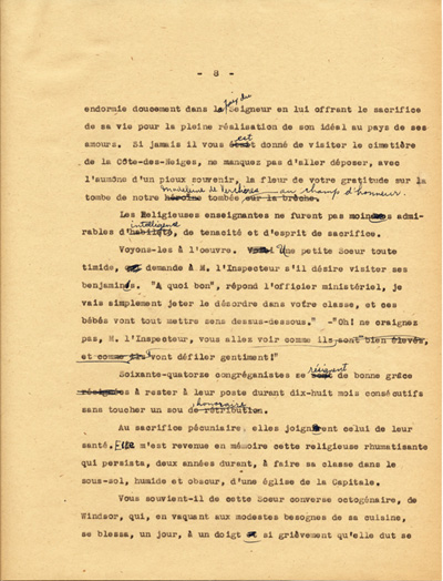 Reproduction de la huiti&egrave;me page du texte de la conf&eacute;rence du p&egrave;re Arthur Joyal, o.m.i., directeur du secr&eacute;tariat de l’Association canadienne-fran&ccedil;aise d’&eacute;ducation d’Ontario, portant sur la participation des femmes &agrave; la r&eacute;sistance franco-ontarienne pendant le R&egrave;glement XVII, au banquet de la F&eacute;d&eacute;ration des femmes canadiennes-fran&ccedil;aises, mai 1935.