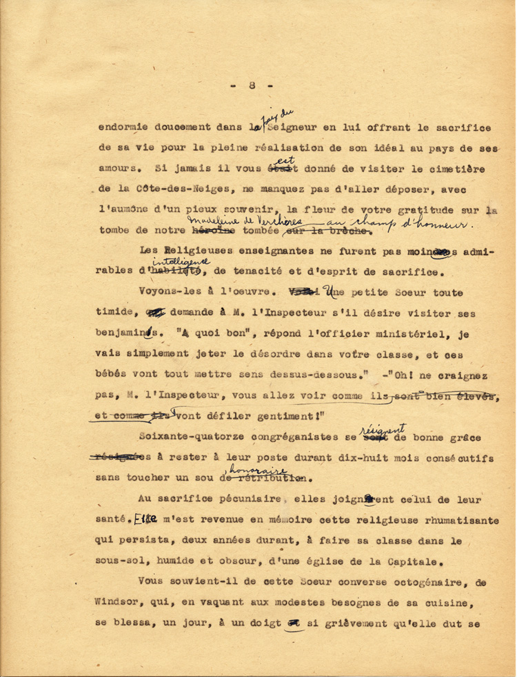 Reproduction de la huiti&egrave;me page du texte de la conf&eacute;rence du p&egrave;re Arthur Joyal, o.m.i., directeur du secr&eacute;tariat de l’Association canadienne-fran&ccedil;aise d’&eacute;ducation d’Ontario, portant sur la participation des femmes &agrave; la r&eacute;sistance franco-ontarienne pendant le R&egrave;glement XVII, au banquet de la F&eacute;d&eacute;ration des femmes canadiennes-fran&ccedil;aises, mai 1935.