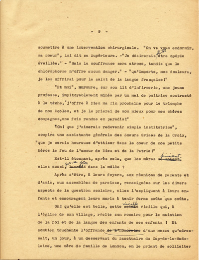 Reproduction de la neuvi&egrave;me page du texte de la conf&eacute;rence du p&egrave;re Arthur Joyal, o.m.i., directeur du secr&eacute;tariat de l’Association canadienne-fran&ccedil;aise d’&eacute;ducation d’Ontario, portant sur la participation des femmes &agrave; la r&eacute;sistance franco-ontarienne pendant le R&egrave;glement XVII, au banquet de la F&eacute;d&eacute;ration des femmes canadiennes-fran&ccedil;aises, mai 1935.