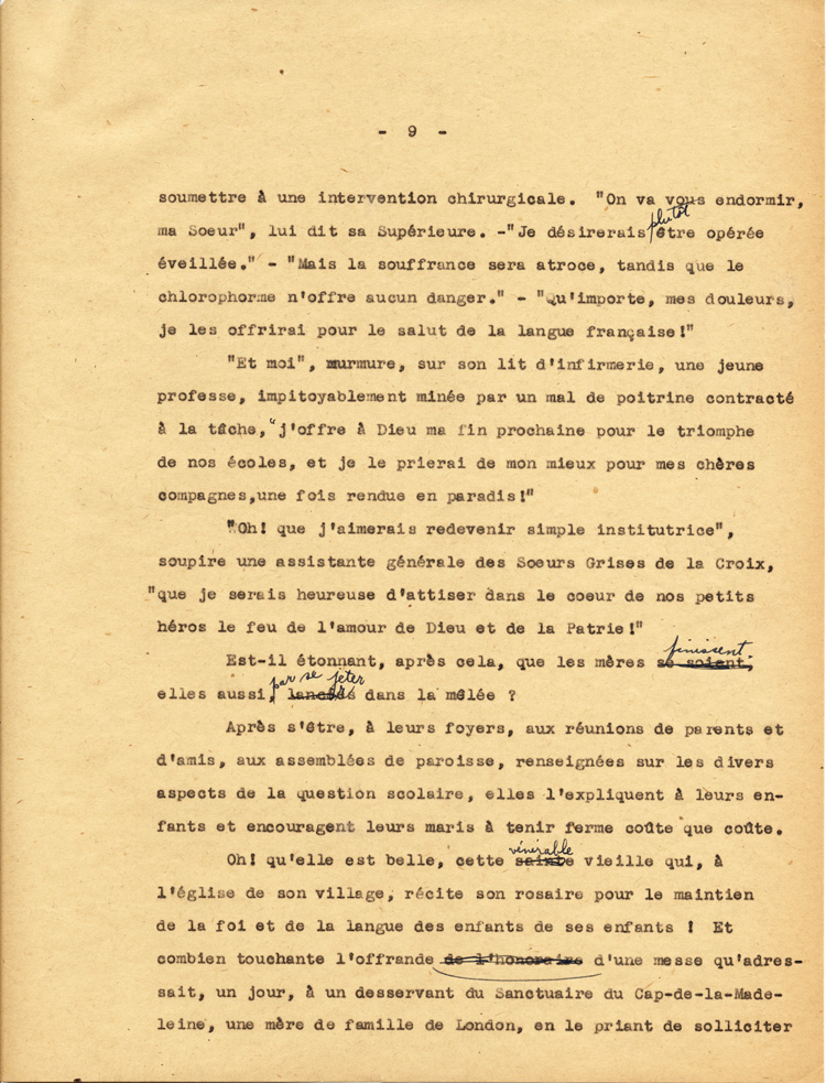 Reproduction de la neuvi&egrave;me page du texte de la conf&eacute;rence du p&egrave;re Arthur Joyal, o.m.i., directeur du secr&eacute;tariat de l’Association canadienne-fran&ccedil;aise d’&eacute;ducation d’Ontario, portant sur la participation des femmes &agrave; la r&eacute;sistance franco-ontarienne pendant le R&egrave;glement XVII, au banquet de la F&eacute;d&eacute;ration des femmes canadiennes-fran&ccedil;aises, mai 1935.