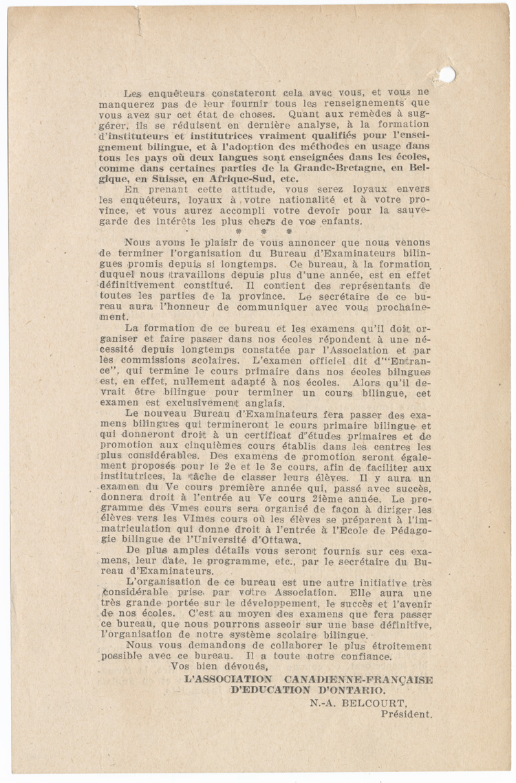 Reproduction de la deuxième page du Circulaire no 4 (G) du président de l’Association canadienne-française d’éducation d’Ontario, Napoléon-Antoine Belcourt, 30 octobre 1925.