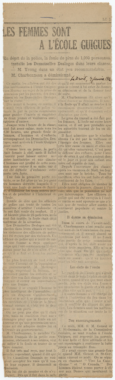 Reproduction d’un article intitul&eacute; Les femmes sont &agrave; l’&eacute;cole Guigues et paru dans le journal Le Droit, 7 janvier 1916.