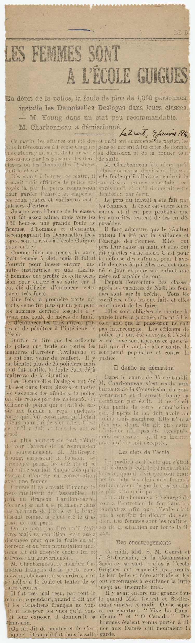 Reproduction d’un article intitul&eacute; Les femmes sont &agrave; l’&eacute;cole Guigues et paru dans le journal Le Droit, 7 janvier 1916.