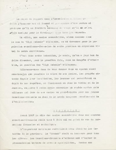 Reproduction de la premi&egrave;re page du rapport de Ad&eacute;lard Lajeunesse intitul&eacute;, Nos High Schools et l’enseignement du fran&ccedil;ais, et pr&eacute;sent&eacute; au congr&egrave;s de l’Association canadienne-fran&ccedil;aise d’&eacute;ducation d’Ontario de 1938 &agrave; Rockland (Ontario), 1938.