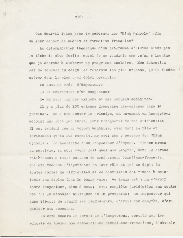 Reproduction de la dixième page du rapport de Adélard Lajeunesse intitulé, Nos High Schools et l’enseignement du français, et présenté au congrès de l’Association canadienne-française d’éducation d’Ontario de 1938 à Rockland (Ontario), 1938.