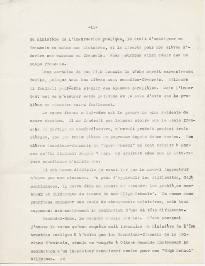 Reproduction de la onzi&egrave;me page du rapport de Ad&eacute;lard Lajeunesse intitul&eacute;, Nos High Schools et l’enseignement du fran&ccedil;ais, et pr&eacute;sent&eacute; au congr&egrave;s de l’Association canadienne-fran&ccedil;aise d’&eacute;ducation d’Ontario de 1938 &agrave; Rockland (Ontario), 1938.