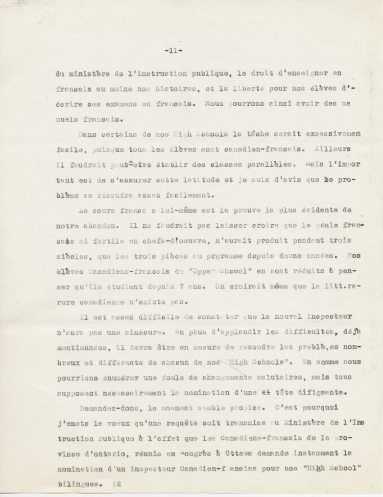 Reproduction de la onzi&egrave;me page du rapport de Ad&eacute;lard Lajeunesse intitul&eacute;, Nos High Schools et l’enseignement du fran&ccedil;ais, et pr&eacute;sent&eacute; au congr&egrave;s de l’Association canadienne-fran&ccedil;aise d’&eacute;ducation d’Ontario de 1938 &agrave; Rockland (Ontario), 1938.