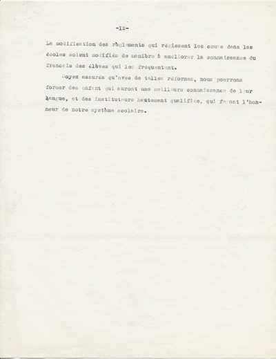 Reproduction de la douzi&egrave;me page du rapport de Ad&eacute;lard Lajeunesse intitul&eacute;, Nos High Schools et l’enseignement du fran&ccedil;ais, et pr&eacute;sent&eacute; au congr&egrave;s de l’Association canadienne-fran&ccedil;aise d’&eacute;ducation d’Ontario de 1938 &agrave; Rockland (Ontario), 1938.