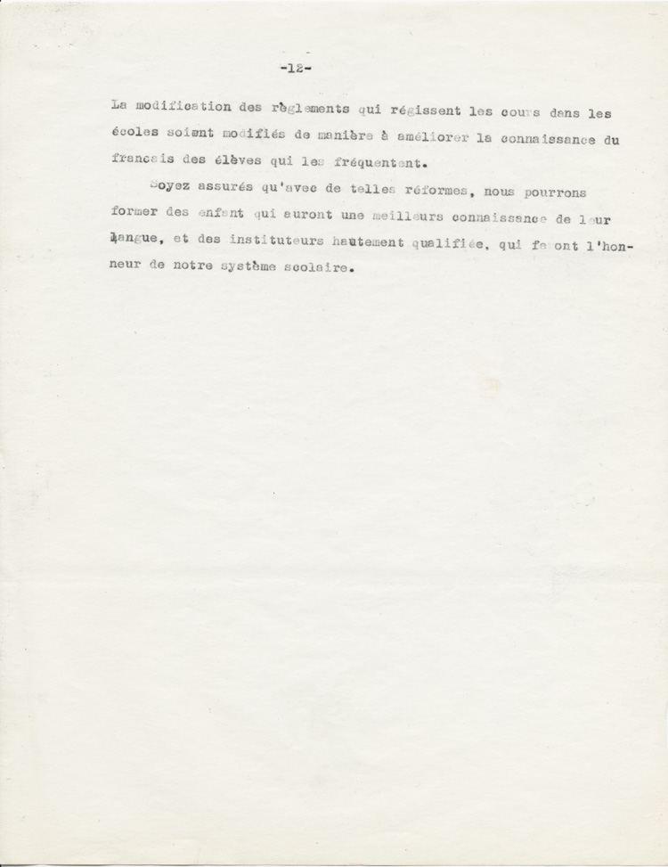 Reproduction de la douzi&egrave;me page du rapport de Ad&eacute;lard Lajeunesse intitul&eacute;, Nos High Schools et l’enseignement du fran&ccedil;ais, et pr&eacute;sent&eacute; au congr&egrave;s de l’Association canadienne-fran&ccedil;aise d’&eacute;ducation d’Ontario de 1938 &agrave; Rockland (Ontario), 1938.