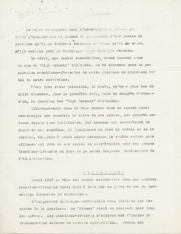 Reproduction de la première page du rapport de Adélard Lajeunesse intitulé, Nos High Schools et l’enseignement du français, et présenté au congrès de l’Association canadienne-française d’éducation d’Ontario de 1938 à Rockland (Ontario), 1938.