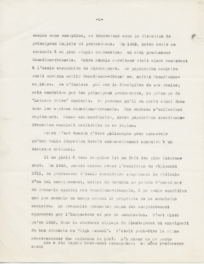 Reproduction de la deuxi&egrave;me page du rapport de Ad&eacute;lard Lajeunesse intitul&eacute;, Nos High Schools et l’enseignement du fran&ccedil;ais, et pr&eacute;sent&eacute; au congr&egrave;s de l’Association canadienne-fran&ccedil;aise d’&eacute;ducation d’Ontario de 1938 &agrave; Rockland (Ontario), 1938.