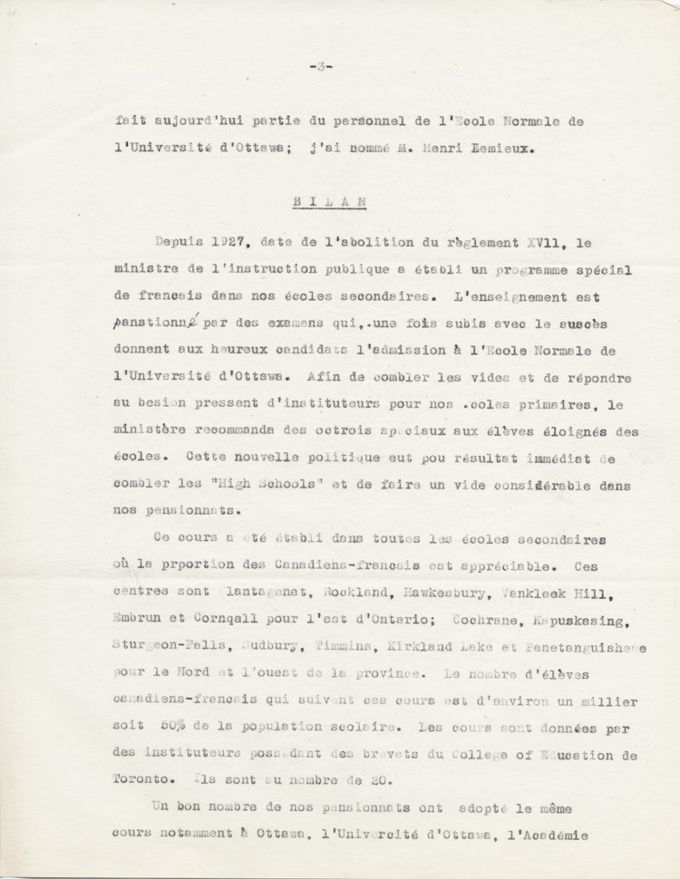 Reproduction de la troisi&egrave;me page du rapport de Ad&eacute;lard Lajeunesse intitul&eacute;, Nos High Schools et l’enseignement du fran&ccedil;ais, et pr&eacute;sent&eacute; au congr&egrave;s de l’Association canadienne-fran&ccedil;aise d’&eacute;ducation d’Ontario de 1938 &agrave; Rockland (Ontario), 1938.