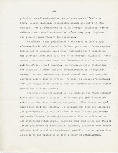 Reproduction de la septi&egrave;me page du rapport de Ad&eacute;lard Lajeunesse intitul&eacute;, Nos High Schools et l’enseignement du fran&ccedil;ais, et pr&eacute;sent&eacute; au congr&egrave;s de l’Association canadienne-fran&ccedil;aise d’&eacute;ducation d’Ontario de 1938 &agrave; Rockland (Ontario), 1938.