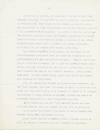 Reproduction de la huiti&egrave;me page du rapport de Ad&eacute;lard Lajeunesse intitul&eacute;, Nos High Schools et l’enseignement du fran&ccedil;ais, et pr&eacute;sent&eacute; au congr&egrave;s de l’Association canadienne-fran&ccedil;aise d’&eacute;ducation d’Ontario de 1938 &agrave; Rockland (Ontario), 1938.