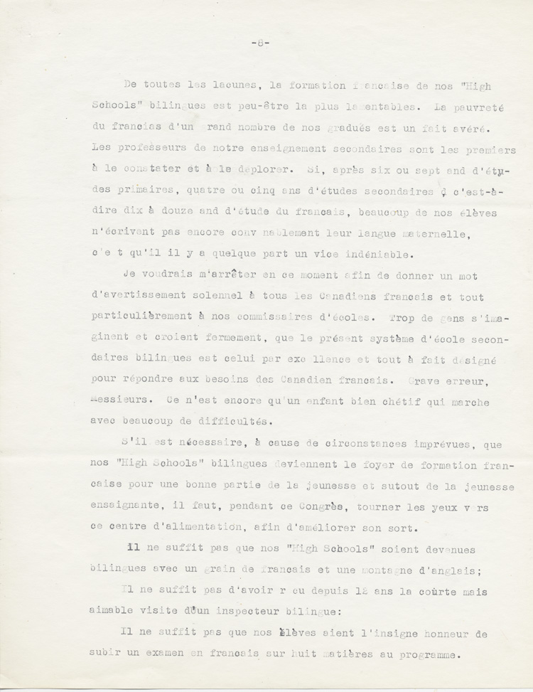 Reproduction de la huiti&egrave;me page du rapport de Ad&eacute;lard Lajeunesse intitul&eacute;, Nos High Schools et l’enseignement du fran&ccedil;ais, et pr&eacute;sent&eacute; au congr&egrave;s de l’Association canadienne-fran&ccedil;aise d’&eacute;ducation d’Ontario de 1938 &agrave; Rockland (Ontario), 1938.
