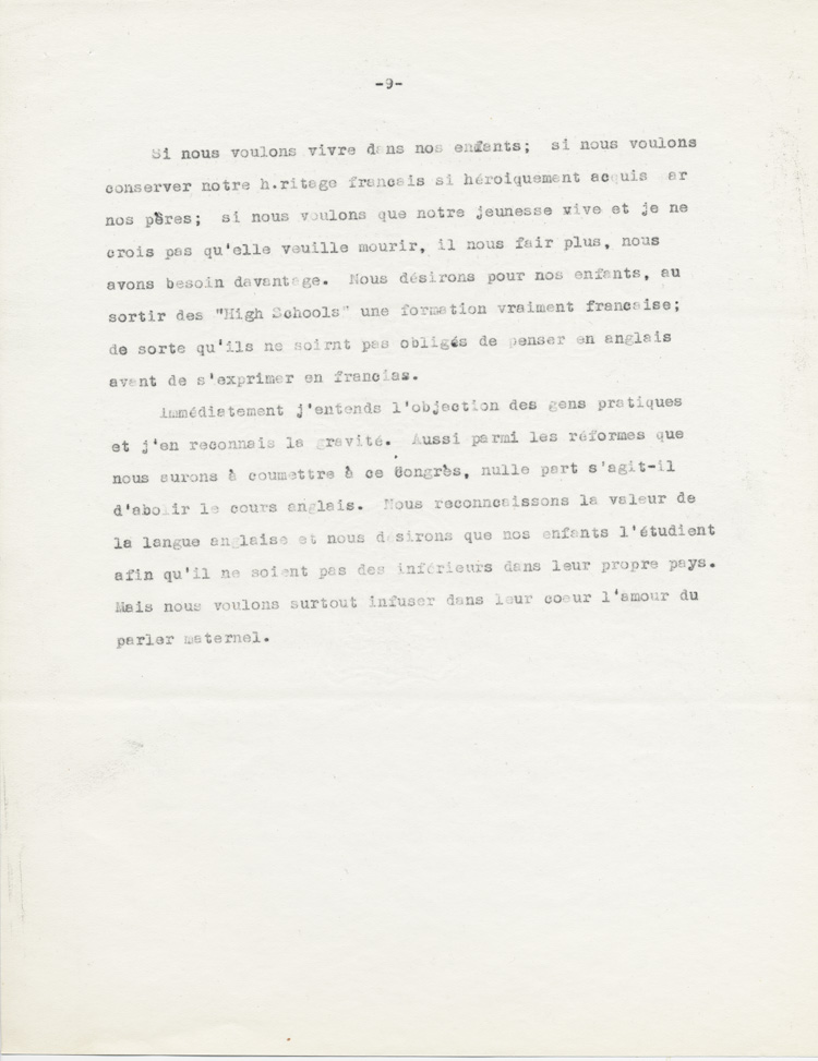 Reproduction de la neuvi&egrave;me page du rapport de Ad&eacute;lard Lajeunesse intitul&eacute;, Nos High Schools et l’enseignement du fran&ccedil;ais, et pr&eacute;sent&eacute; au congr&egrave;s de l’Association canadienne-fran&ccedil;aise d’&eacute;ducation d’Ontario de 1938 &agrave; Rockland (Ontario), 1938.