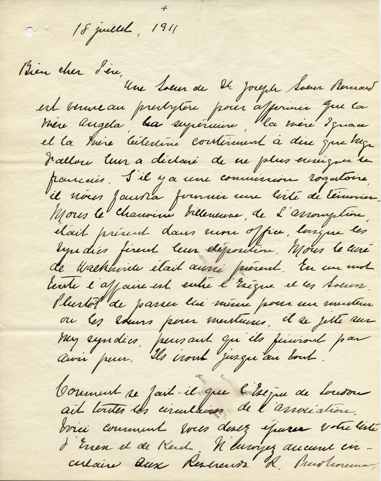Reproduction de la premi&egrave;re page d’une lettre de L.A (Lucien-Alexandre) Beaudoin, cur&eacute; de Walkerville (Ontario), au p&egrave;re Charles Charlebois, directeur du secr&eacute;tariat de l’Association canadienne-fran&ccedil;aise d’&eacute;ducation d’Ontario (ACFEO), 18 juillet 1911.