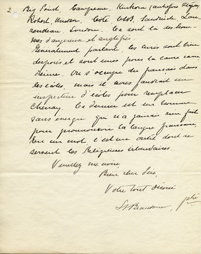Reproduction de la deuxi&egrave;me page d’une lettre de L.A (Lucien-Alexandre) Beaudoin, cur&eacute; de Walkerville (Ontario), au p&egrave;re Charles Charlebois, directeur du secr&eacute;tariat de l’Association canadienne-fran&ccedil;aise d’&eacute;ducation d’Ontario (ACFEO), 18 juillet 1911.