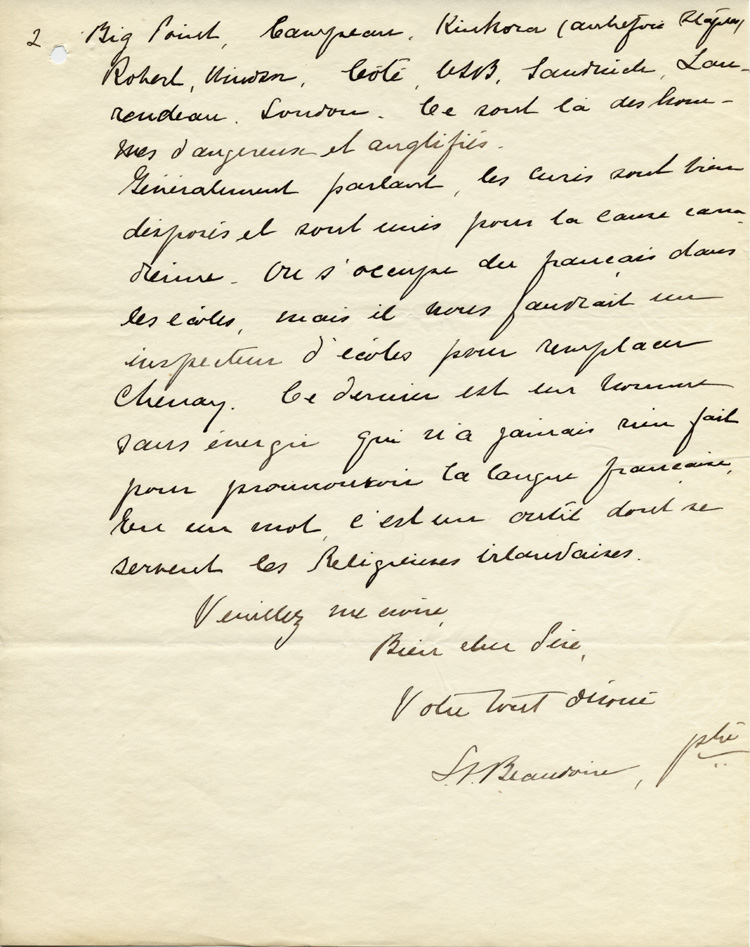 Reproduction de la deuxi&egrave;me page d’une lettre de L.A (Lucien-Alexandre) Beaudoin, cur&eacute; de Walkerville (Ontario), au p&egrave;re Charles Charlebois, directeur du secr&eacute;tariat de l’Association canadienne-fran&ccedil;aise d’&eacute;ducation d’Ontario (ACFEO), 18 juillet 1911.
