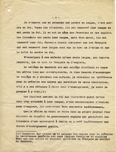 Reproduction de la deuxi&egrave;me page de la Traduction fid&egrave;le du discours prononc&eacute; [par Mgr Michael Francis Fallon] &agrave; la retraite eccl&eacute;siastique, le 14 juillet 1910, &agrave; Sandwich, comt&eacute; d’Essex, par L.A. (Lucien-Alexandre) Beaudoin, pr&ecirc;tre, cur&eacute; de Walkerville (Ontario), asserment&eacute; devant le juge de Paix Chas. J. Montreuil, 30 septembre 1910.