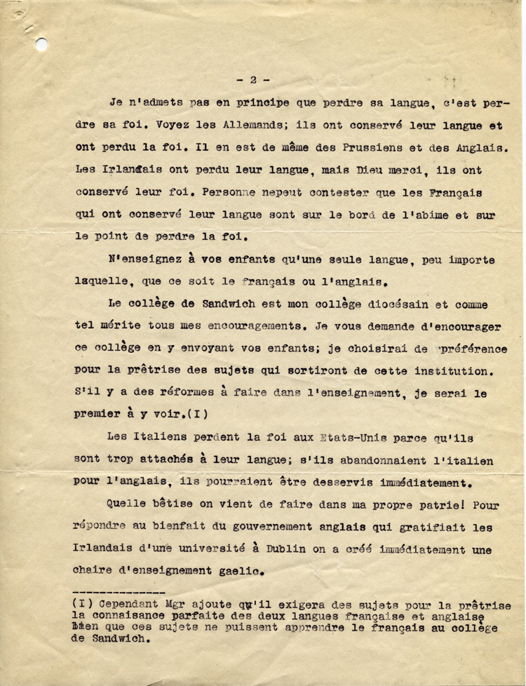 Reproduction de la deuxi&egrave;me page de la Traduction fid&egrave;le du discours prononc&eacute; [par Mgr Michael Francis Fallon] &agrave; la retraite eccl&eacute;siastique, le 14 juillet 1910, &agrave; Sandwich, comt&eacute; d’Essex, par L.A. (Lucien-Alexandre) Beaudoin, pr&ecirc;tre, cur&eacute; de Walkerville (Ontario), asserment&eacute; devant le juge de Paix Chas. J. Montreuil, 30 septembre 1910.