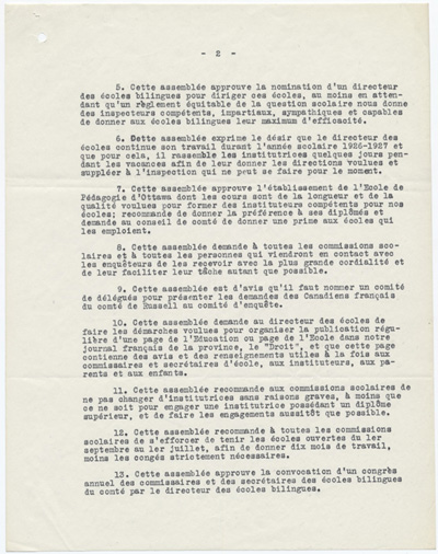 Reproduction de la deuxi&egrave;me page d’un extrait du proc&egrave;s-verbal du congr&egrave;s des commissaires d’&eacute;coles du comt&eacute; de Russell tenu &agrave; la salle paroissiale de Casselman (Ontario), le 6 juin 1926, 1926.