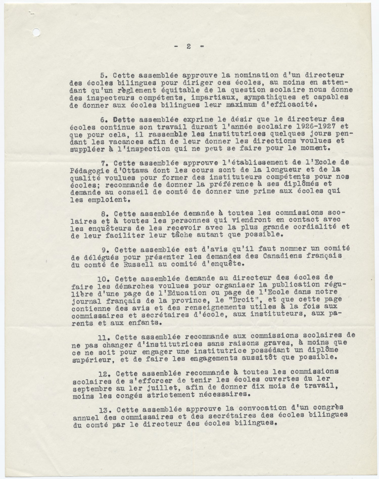 Reproduction de la deuxi&egrave;me page d’un extrait du proc&egrave;s-verbal du congr&egrave;s des commissaires d’&eacute;coles du comt&eacute; de Russell tenu &agrave; la salle paroissiale de Casselman (Ontario), le 6 juin 1926, 1926.