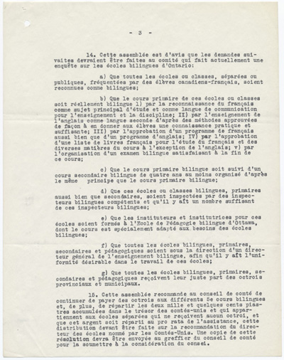 Reproduction de la troisi&egrave;me page d’un extrait du proc&egrave;s-verbal du congr&egrave;s des commissaires d’&eacute;coles du comt&eacute; de Russell tenu &agrave; la salle paroissiale de Casselman (Ontario), le 6 juin 1926, 1926.