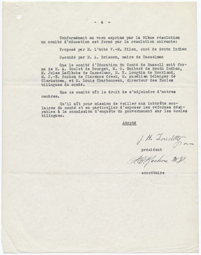 Reproduction de la quatri&egrave;me page d’un extrait du proc&egrave;s-verbal du congr&egrave;s des commissaires d’&eacute;coles du comt&eacute; de Russell tenu &agrave; la salle paroissiale de Casselman (Ontario), le 6 juin 1926, 1926.