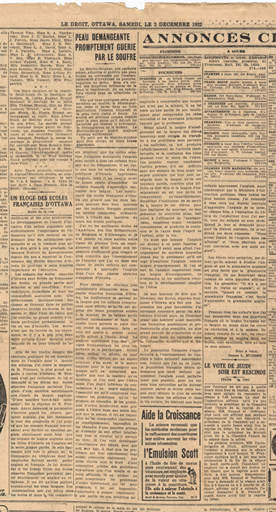 Reproduction de la onzi&egrave;me page du journal Le Droit du 2 d&eacute;cembre 1922, comprenant un article intitul&eacute; Un &eacute;loge des &eacute;coles fran&ccedil;aises d’Ottawa par un p&eacute;dagogue et une photographie de James L. Hugues, 1922.