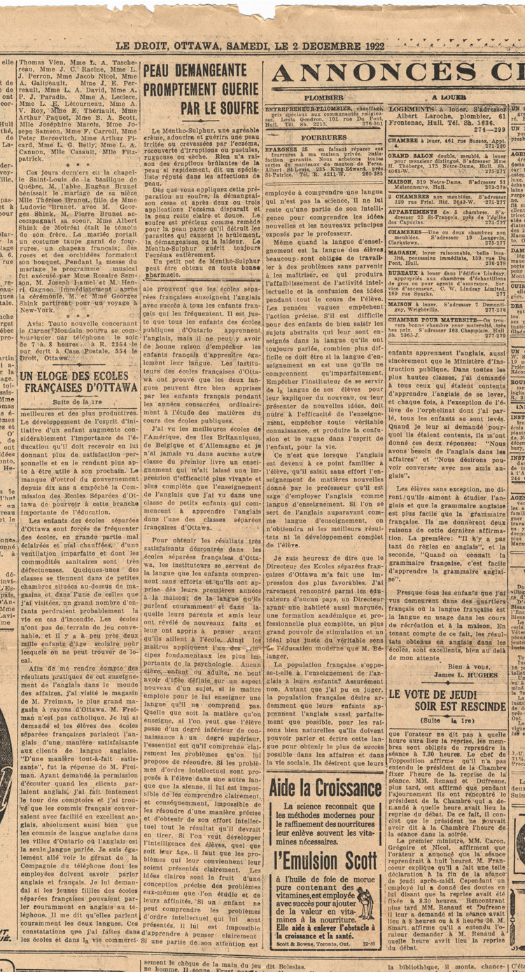 Reproduction de la onzi&egrave;me page du journal Le Droit du 2 d&eacute;cembre 1922, comprenant un article intitul&eacute; Un &eacute;loge des &eacute;coles fran&ccedil;aises d’Ottawa par un p&eacute;dagogue et une photographie de James L. Hugues, 1922.