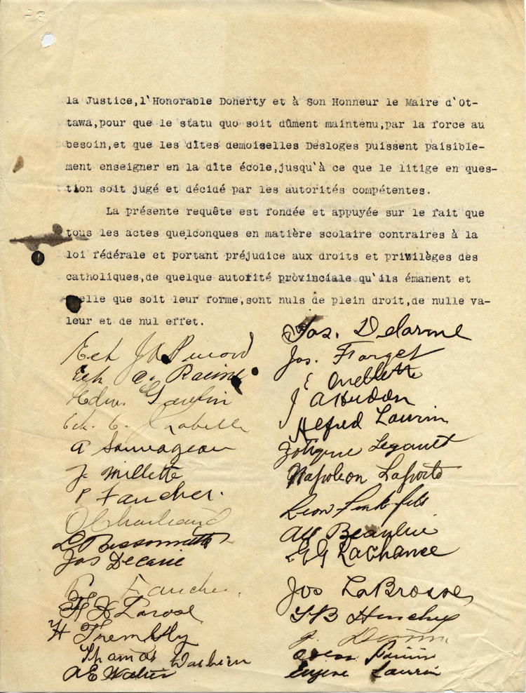 Reproduction de la deuxi&egrave;me page d’un texte intitul&eacute; Requ&ecirc;te et protestation, au nom de la loi f&eacute;d&eacute;rale, contre la l&eacute;gislature et le gouvernement de Toronto violentant l’&eacute;cole Guigues d’Ottawa et les demoiselles Desloges, 1916.