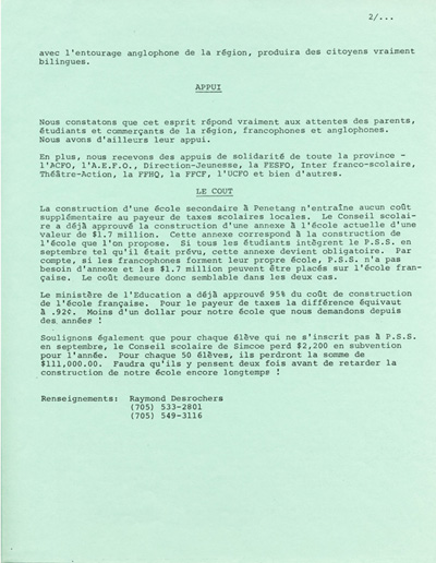 Reproduction de la deuxi&egrave;me page d’un communiqu&eacute; annon&ccedil;ant l’ouverture officielle de l’&eacute;cole secondaire de La Huronie &agrave; Penetanguishene (Ontario), 21 ao&ucirc;t 1979.