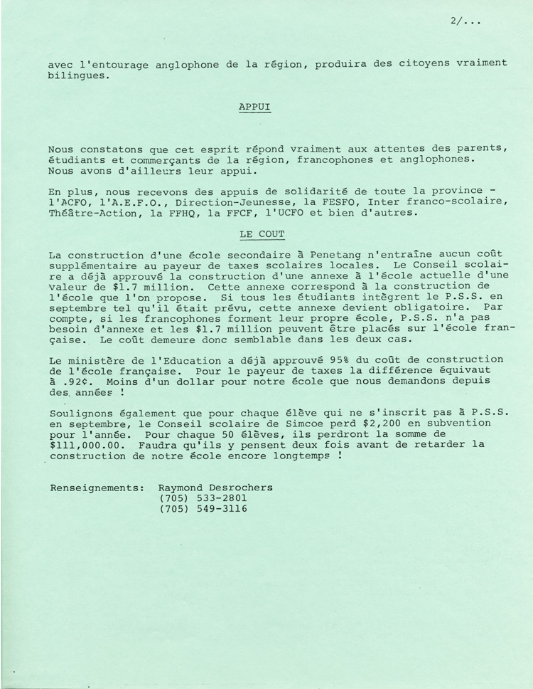 Reproduction de la deuxi&egrave;me page d’un communiqu&eacute; annon&ccedil;ant l’ouverture officielle de l’&eacute;cole secondaire de La Huronie &agrave; Penetanguishene (Ontario), 21 ao&ucirc;t 1979.