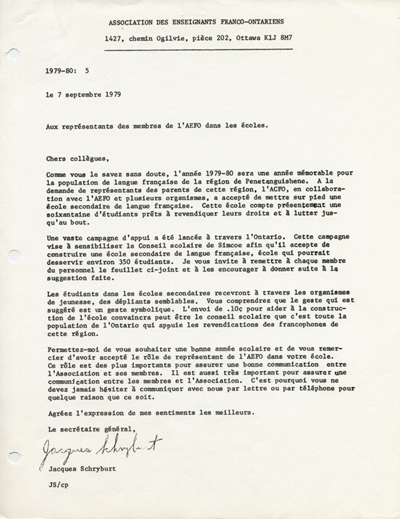 Reproduction d’une lettre circulaire de l’Association des enseignants franco-ontariens (AEFO) &agrave; ses membres pour faire la distribution d’un d&eacute;pliant sollicitant un appui pour la construction d’une &eacute;cole secondaire de langue fran&ccedil;aise &agrave; Penetanguishene (Ontario), 7 septembre 1979.