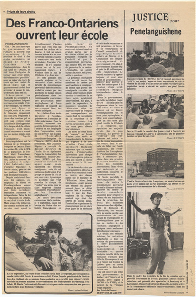 Reproduction d’un article de Patricia Dumas intitul&eacute; Priv&eacute;s de leurs droits des Franco-Ontariens ouvrent leur &eacute;cole et paru dans Le Temps, septembre 1979.
