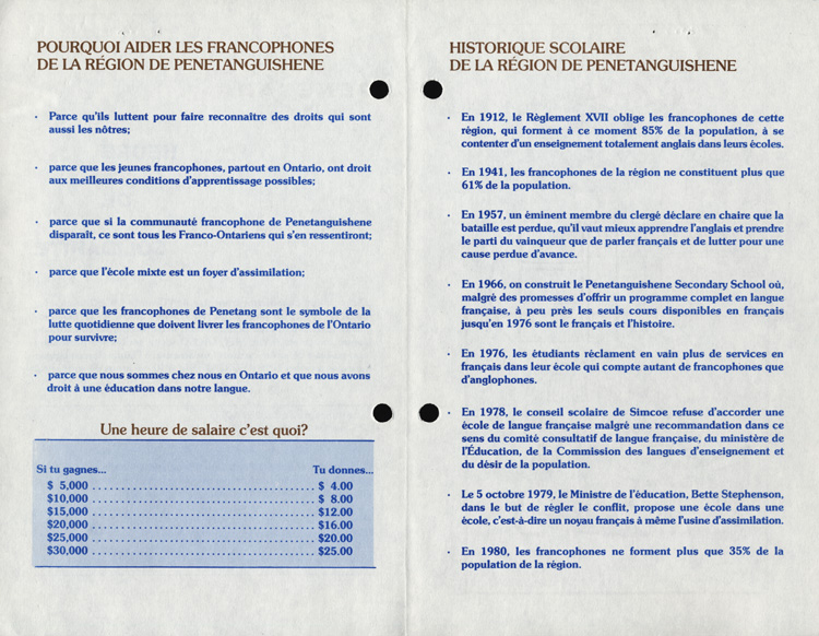 Reproduction du verso d’un d&eacute;pliant intitul&eacute; Penetang. Heure de solidarit&eacute;, 1980.