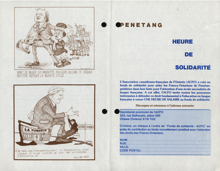 Reproduction du recto d’un d&eacute;pliant intitul&eacute; Penetang. Heure de solidarit&eacute;, 1980.