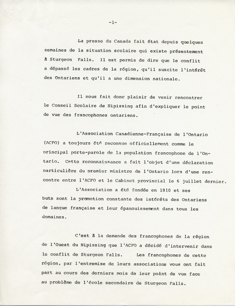 Reproduction de la première page du Mémoire présenté au Conseil scolaire de Nipissing par l’Association canadienne-française de l’Ontario (ACFO), 23 août 1971.