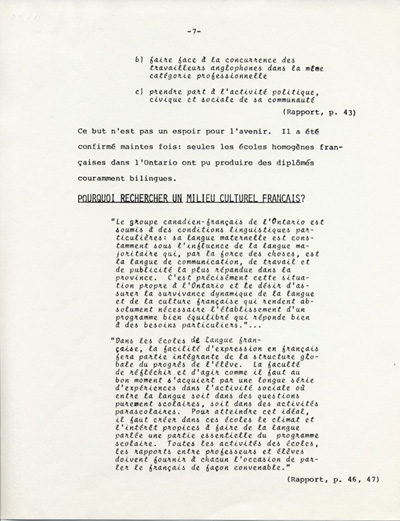 Reproduction de la septi&egrave;me page du M&eacute;moire pr&eacute;sent&eacute; au Conseil scolaire de Nipissing par l’Association canadienne-fran&ccedil;aise de l’Ontario (ACFO), 23 ao&ucirc;t 1971.