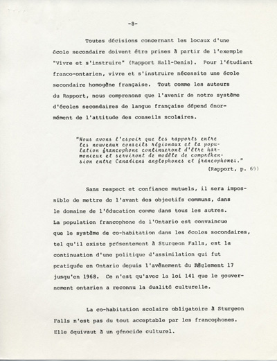 Reproduction de la huiti&egrave;me page du M&eacute;moire pr&eacute;sent&eacute; au Conseil scolaire de Nipissing par l’Association canadienne-fran&ccedil;aise de l’Ontario (ACFO), 23 ao&ucirc;t 1971.