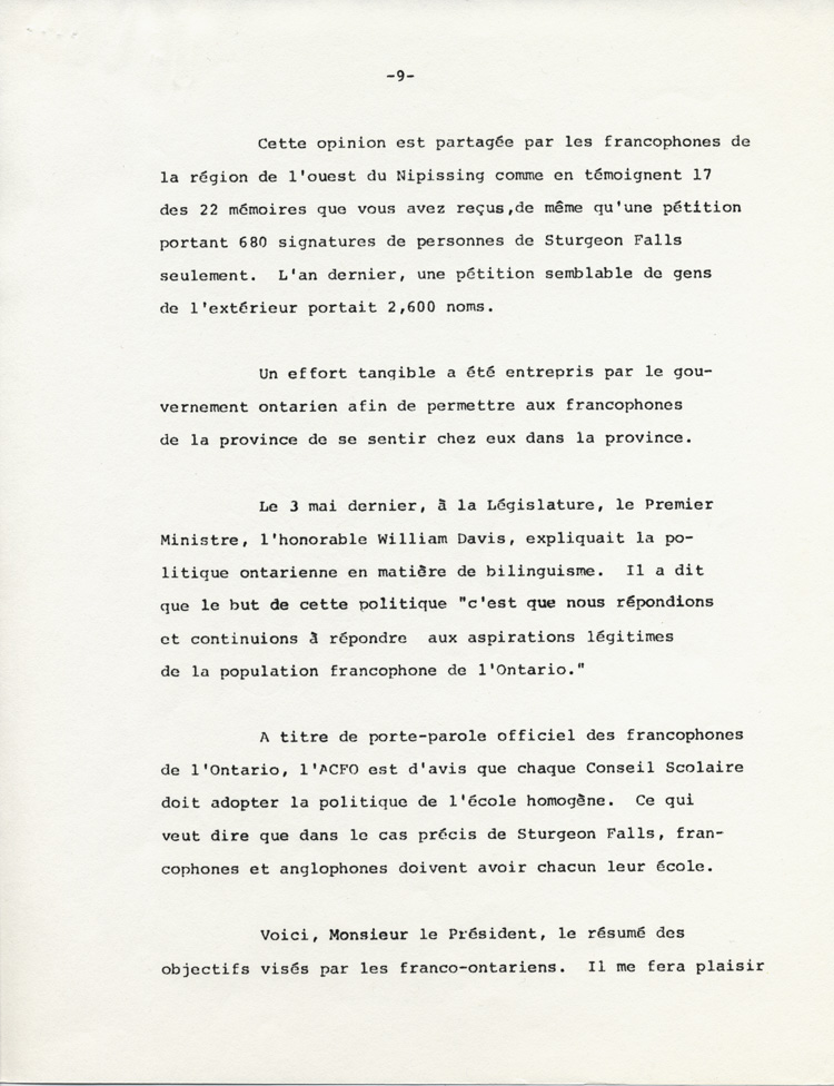 Reproduction de la neuvi&egrave;me page du M&eacute;moire pr&eacute;sent&eacute; au Conseil scolaire de Nipissing par l’Association canadienne-fran&ccedil;aise de l’Ontario (ACFO), 23 ao&ucirc;t 1971.
