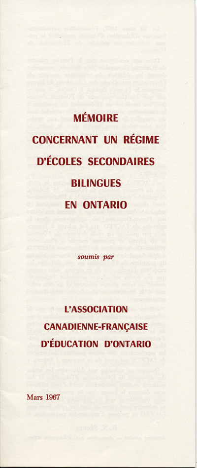 Reproduction de la page couverture du M&eacute;moire concernant un r&eacute;gime d’&eacute;coles secondaires bilingues en Ontario par l’Association canadienne-fran&ccedil;aise d’&eacute;ducation d’Ontario (ACFEO), mars 1967.