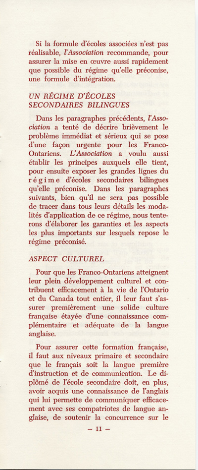 Reproduction de la onzi&egrave;me page du M&eacute;moire concernant un r&eacute;gime d’&eacute;coles secondaires bilingues en Ontario par l’Association canadienne-fran&ccedil;aise d’&eacute;ducation d’Ontario (ACFEO), mars 1967.