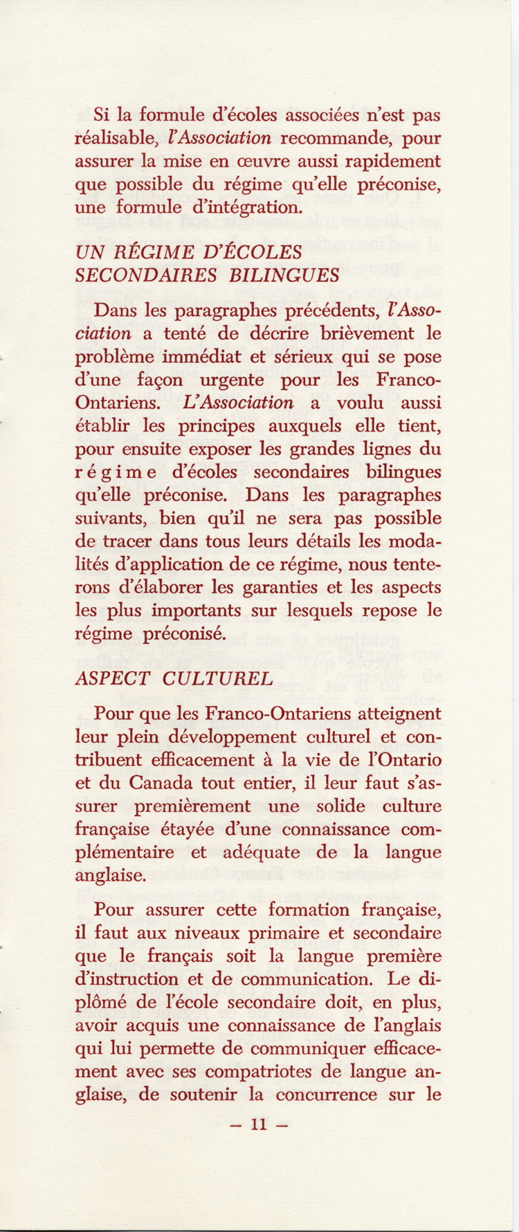 Reproduction de la onzi&egrave;me page du M&eacute;moire concernant un r&eacute;gime d’&eacute;coles secondaires bilingues en Ontario par l’Association canadienne-fran&ccedil;aise d’&eacute;ducation d’Ontario (ACFEO), mars 1967.