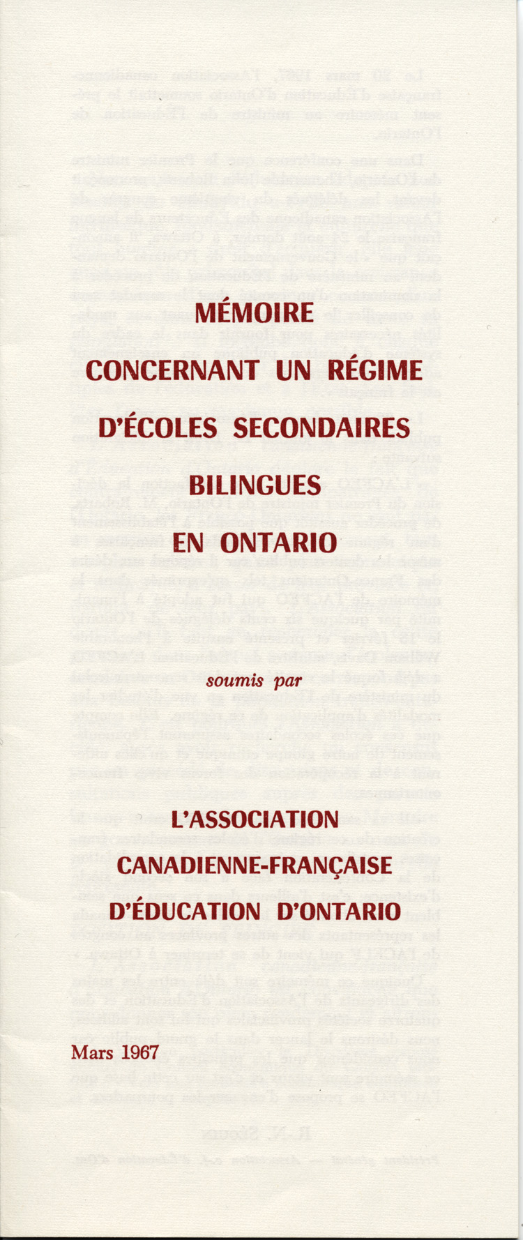Reproduction de la page couverture du M&eacute;moire concernant un r&eacute;gime d’&eacute;coles secondaires bilingues en Ontario par l’Association canadienne-fran&ccedil;aise d’&eacute;ducation d’Ontario (ACFEO), mars 1967.