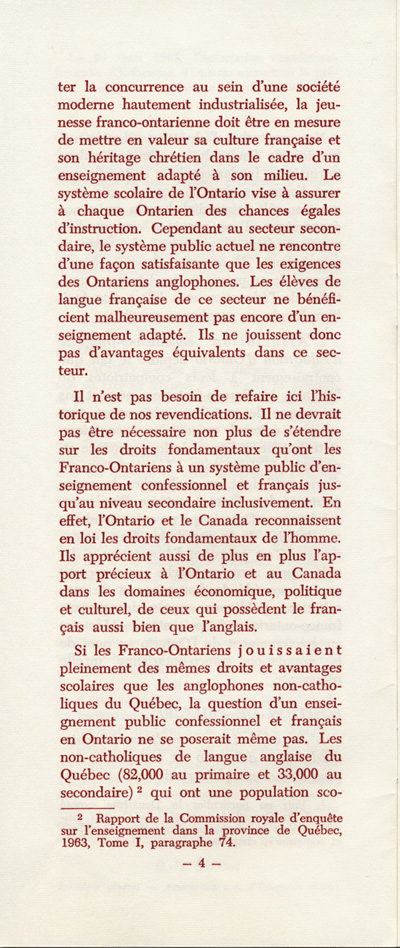 Reproduction de la quatri&egrave;me page du M&eacute;moire concernant un r&eacute;gime d’&eacute;coles secondaires bilingues en Ontario par l’Association canadienne-fran&ccedil;aise d’&eacute;ducation d’Ontario (ACFEO), mars 1967.