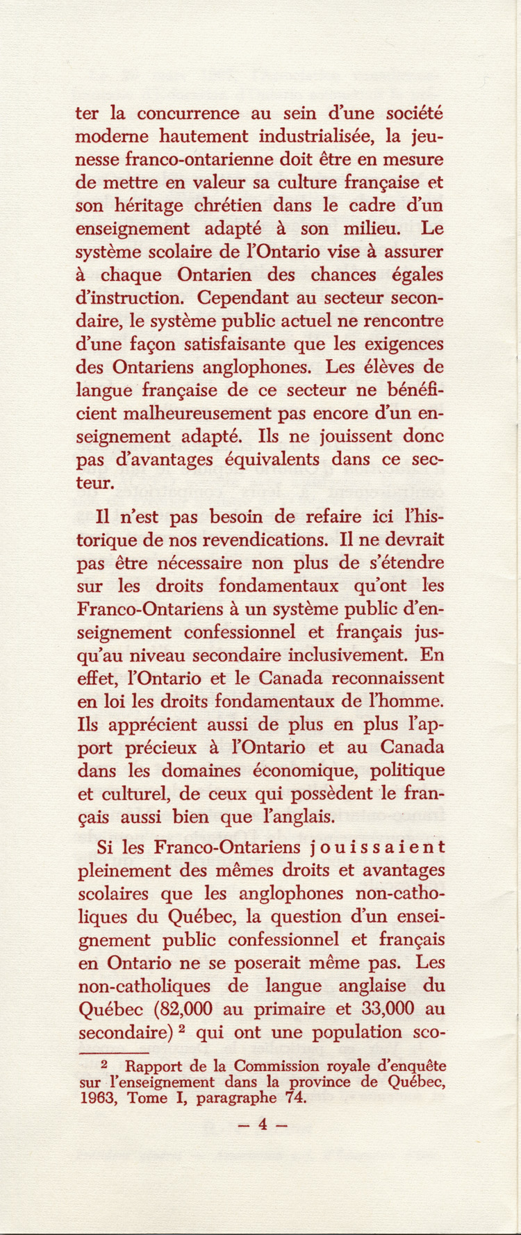 Reproduction de la quatri&egrave;me page du M&eacute;moire concernant un r&eacute;gime d’&eacute;coles secondaires bilingues en Ontario par l’Association canadienne-fran&ccedil;aise d’&eacute;ducation d’Ontario (ACFEO), mars 1967.