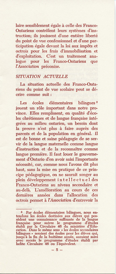 Reproduction de la cinqui&egrave;me page du M&eacute;moire concernant un r&eacute;gime d’&eacute;coles secondaires bilingues en Ontario par l’Association canadienne-fran&ccedil;aise d’&eacute;ducation d’Ontario (ACFEO), mars 1967.